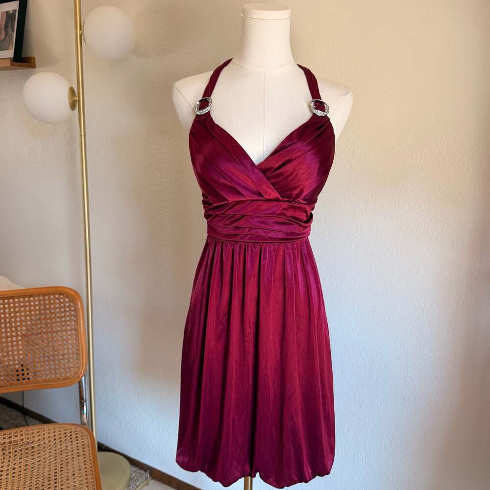 Trixxi Vintage Y2K Red Satin Halter Mini Dress with Rhinestone Rings Size L